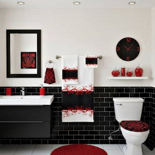 Black and red flourish border bath towel set