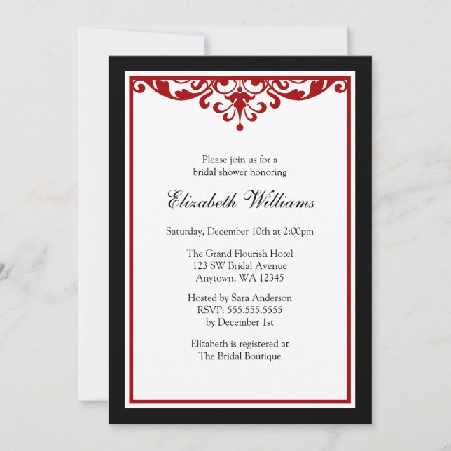 Black and Red Flourish Bridal Shower Invitation (Front)