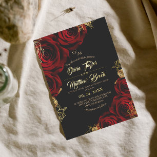 Black and Red Flowers Gold Foil  Wedding  Invitation