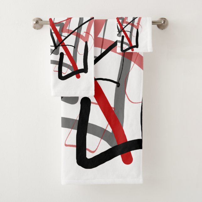 Black and red free hand lines bath towel set (Insitu)