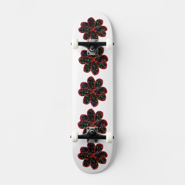 Black and Red Glitter Flower Skateboard Deck (Front)