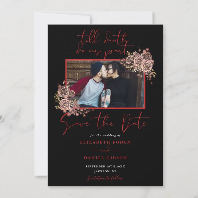 Black And Red Gothic Floral Photo Wedding Save The Date (Front)