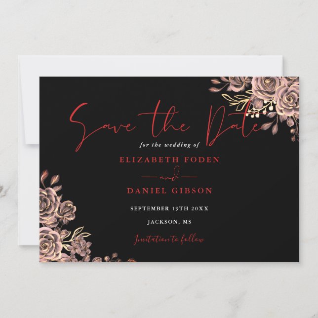 Black And Red Gothic Floral Photo Wedding Save The Date (Front)