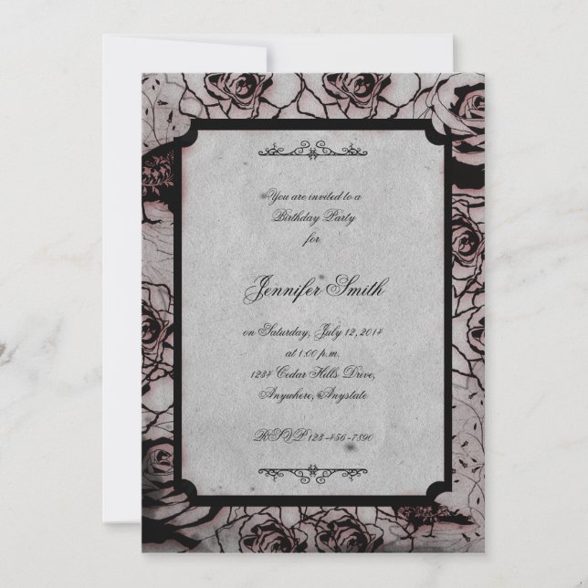 Black and Red Gothic Rose Birthday Invitation (Front)