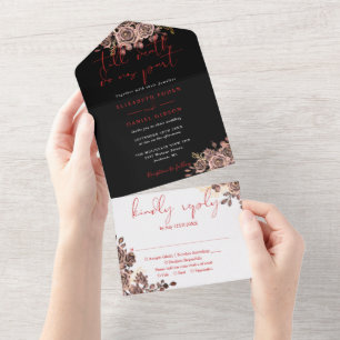 Black And Red Gothic Roses Floral Wedding All In One Invitation