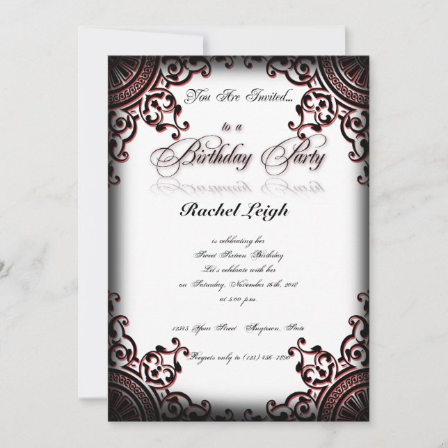 Black and Red Gothic Scroll Birthday Invitation (Front)