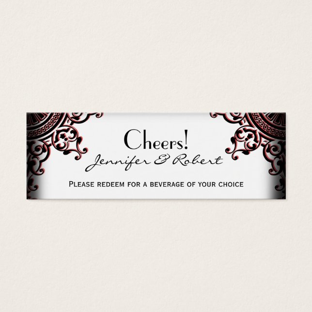 Black and Red Gothic Scroll Wedding Drink Ticket (Front)