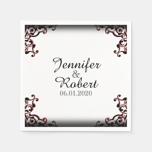 Black and Red Gothic Scroll Wedding Napkin (Front)