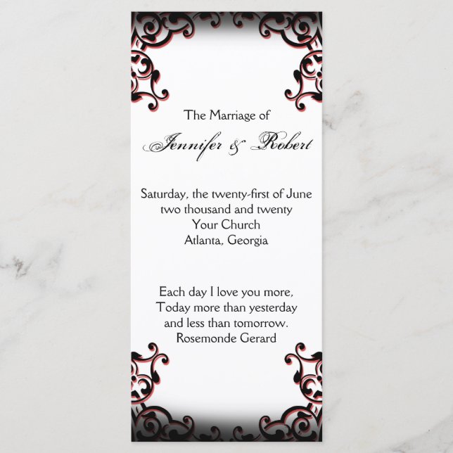 Black and Red Gothic Scroll Wedding Program (Front)