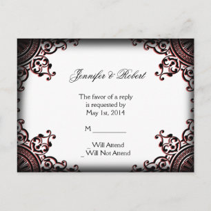 Black and Red Gothic Scroll Wedding RSVP Postcard
