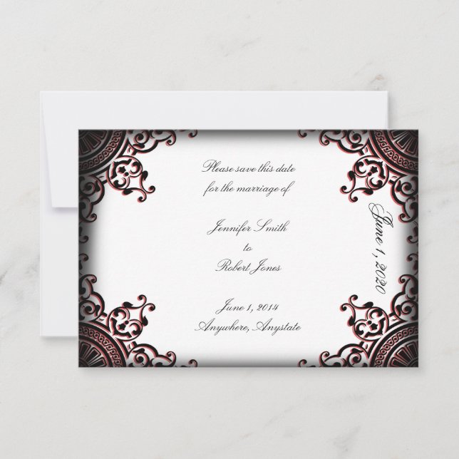 Black and Red Gothic Scroll Wedding Save the Date (Front)