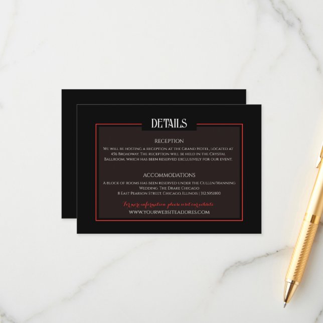 Black and Red Gothic Wedding Minimalist Info Enclosure Card (Front/Back In Situ)