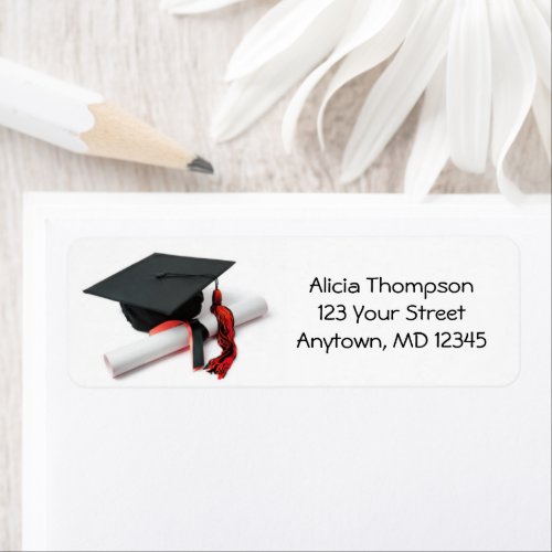 Black and Red Graduation Cap and Tassel Address Label
