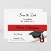 Black and Red Graduation Cap and Tassel Custom Save The Date (Front/Back)