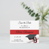 Black and Red Graduation Cap and Tassel Custom Save The Date (Standing Front)