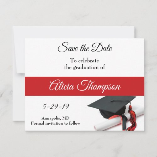 Black and Red Graduation Cap and Tassel Custom Save The Date