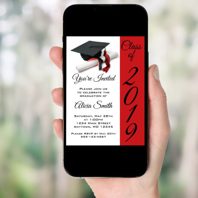 Black and Red Graduation Cap and Tassel Invitation (Front Digital)