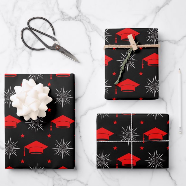 Black and Red Graduation Cap Pattern Wrapping Paper Sheets (Front)