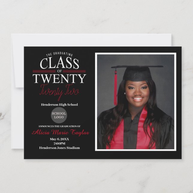 Black and Red Graduation Invitation with Photo (Front)
