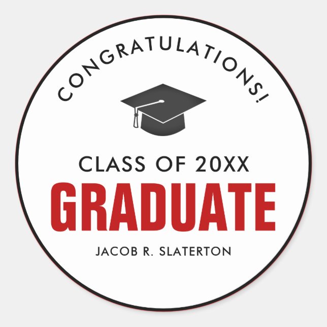 Black and Red Graduation Personalized Classic Round Sticker (Front)