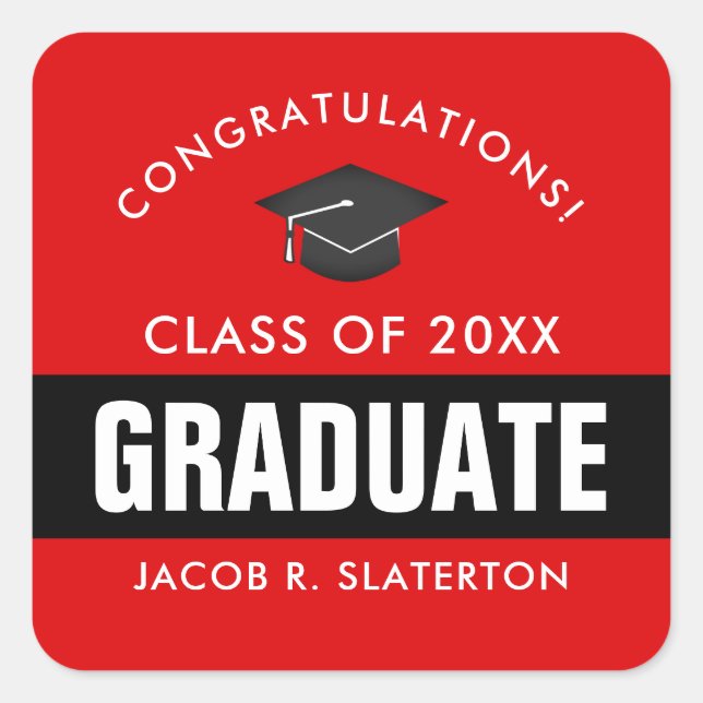 Black and Red Graduation Personalized Square Sticker (Front)