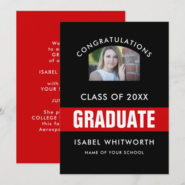 Black and Red Graduation Photo Custom Announcement (Front/Back)