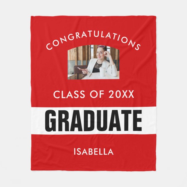  Black and Red Graduation Photo Personalized Fleece Blanket (Front)