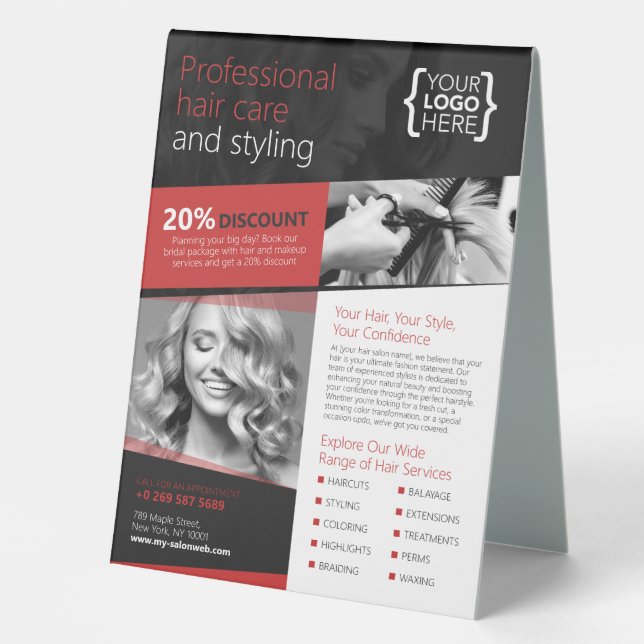 Black and Red Hair Salon, Hairdresser Table Tent (Front)