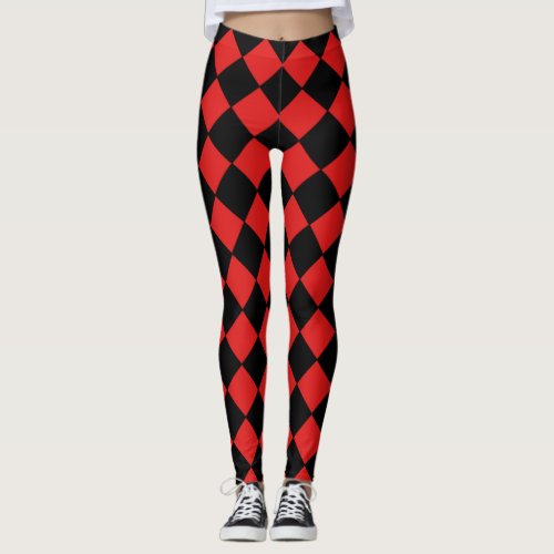 Black and Red Harlequin Diamond Checked Pattern Leggings