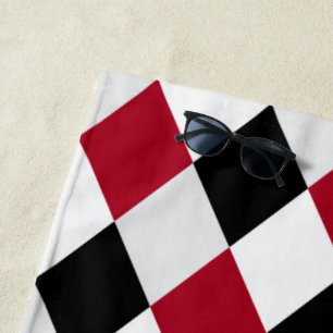 Black and Red Harlequin Diamond Pattern Beach Towel
