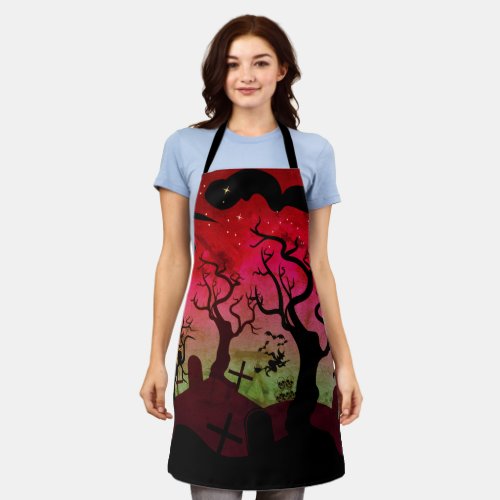 Black and red haunted graveyard Halloween Apron