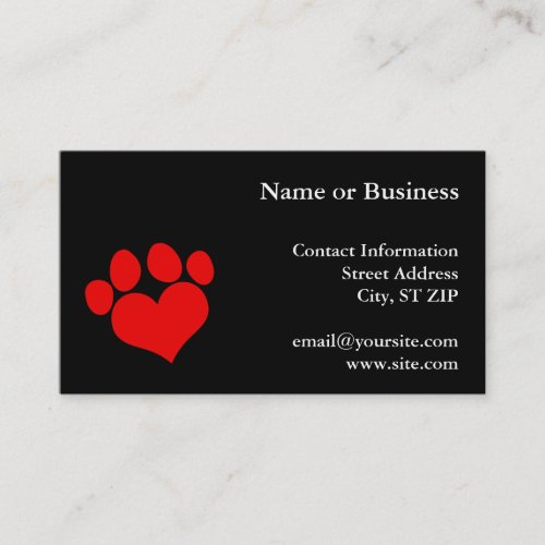 Black and Red Heart Paw Print Business Card