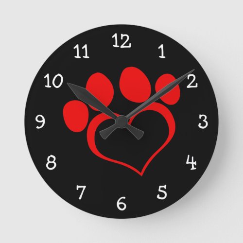 Black and Red Heart Paw Round Clock