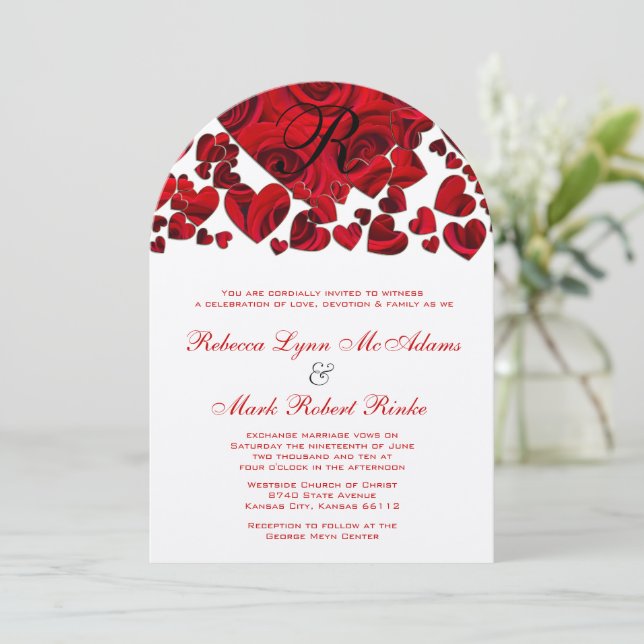 Black and Red Heart Roses Wedding Invitation (Standing Front)