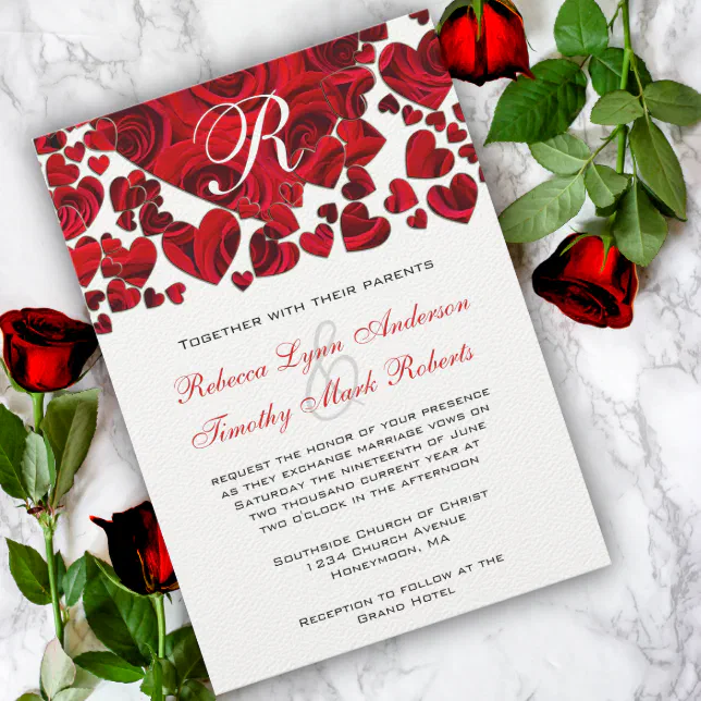 Black and Red Heart Roses Wedding Invitation | Zazzle