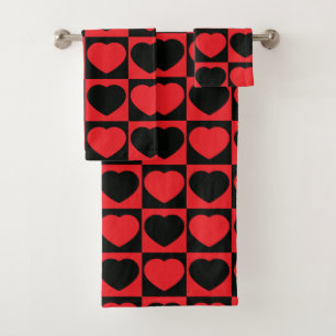 black and red hearts bath towel set