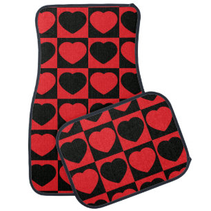 black and red hearts car mats