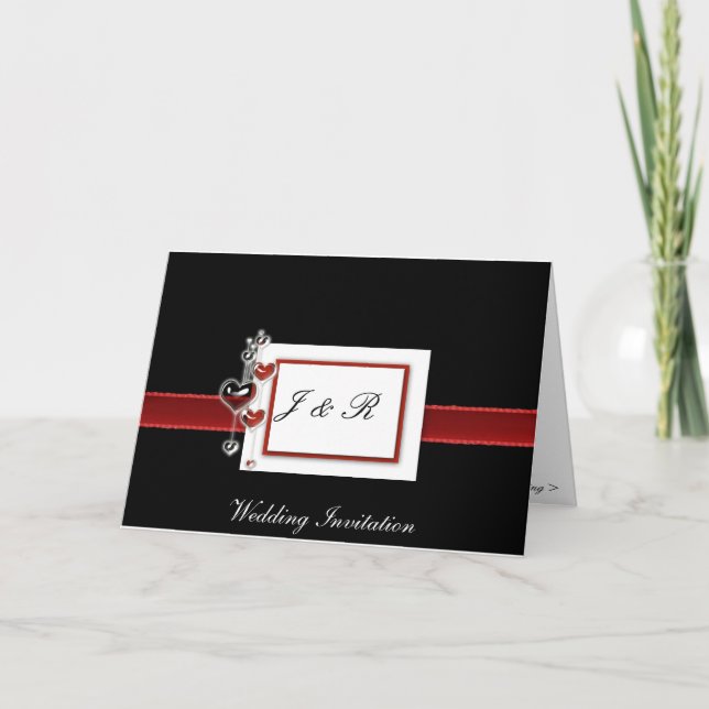 Black and Red hearts wedding invitation (Front)