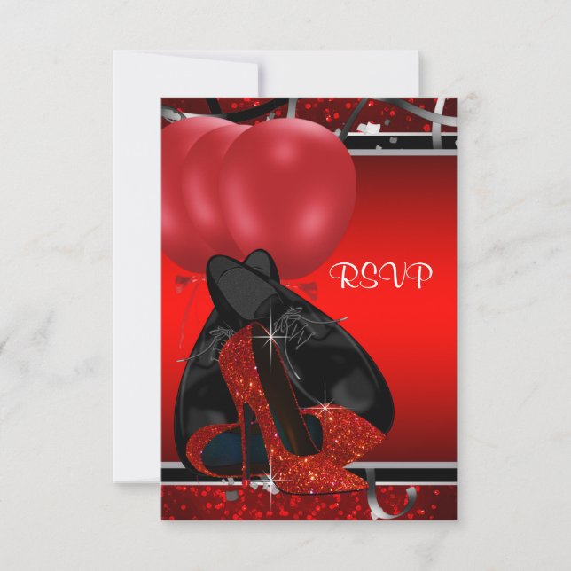Black and Red High Heels Birthday Party RSVP Card (Front)