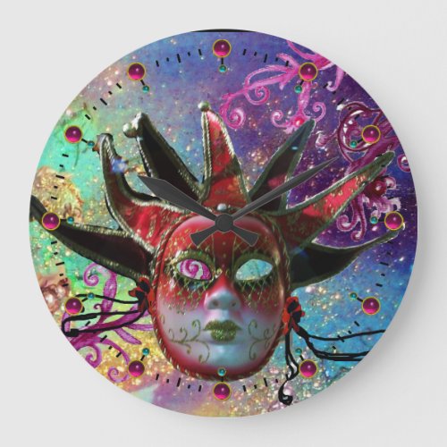 BLACK AND RED JESTER MASK Blue Masquerade Party Large Clock