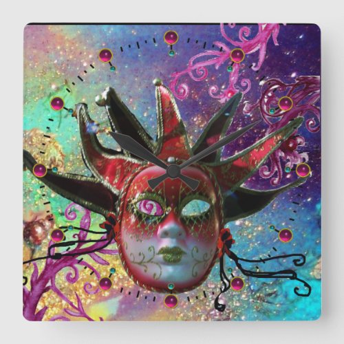 BLACK AND RED JESTER MASK Blue Masquerade Party Square Wall Clock