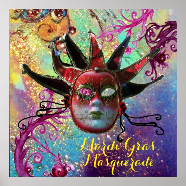 BLACK AND RED JESTER MASK IN BLUE Masquerade Party Poster (Front)