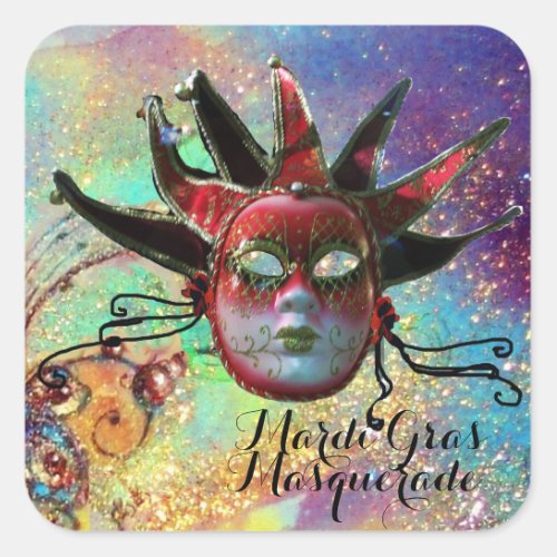 BLACK AND RED JESTER MASK IN BLUE Masquerade Party Square Sticker