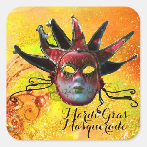 BLACK AND RED JESTER MASK IN YELLOW Masquerade Square Sticker