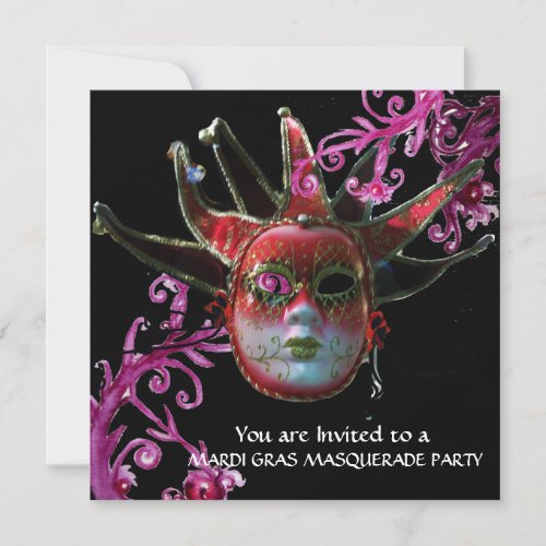 BLACK AND RED JESTER MASK Masquerade Party  Black Invitation