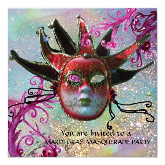 BLACK AND RED JESTER MASK , Masquerade Party Card
