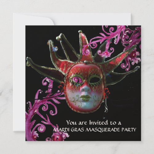 BLACK AND RED JESTER MASK  Masquerade Party Gold Invitation