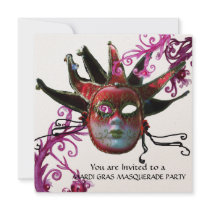 BLACK AND RED JESTER MASK , Masquerade Party Gold Invitation