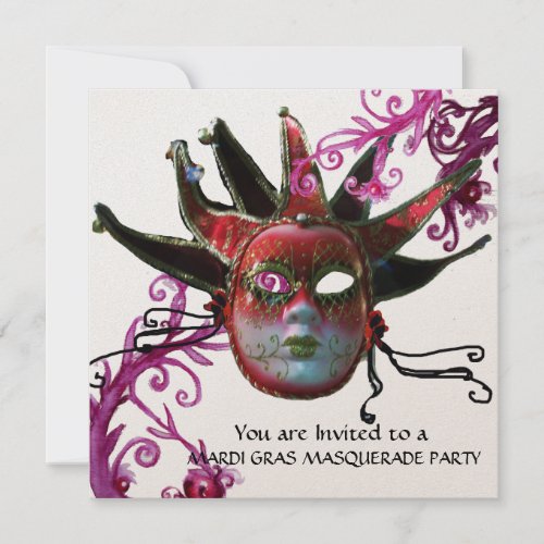 BLACK AND RED JESTER MASK  Masquerade Party Gold Invitation