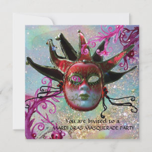 BLACK AND RED JESTER MASK , Masquerade Party Gold Invitation